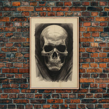 Cargar imagen en el visor de la galería, Charcoal Drawing, Human Skull, Gothic Art Print, Spooky Decor, Canvas Print, Wall Art, Vertical Art, Gaming Wall Decor, Office Wall Decor