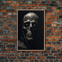 Carregar imagem no visualizador da galeria, Glowing Eyes Grim Reaper, Spooky Halloween Canvas Art, Framed Canvas Print, Halloween Wall Decor, Skull Portrait
