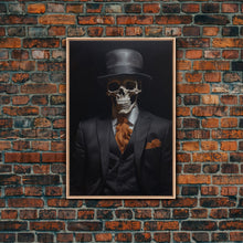 Load image into Gallery viewer, Spooky Skeleton Business Man, Halloween Art, Framed Canvas Print, Halloween Canvas, Skeleton Painting, Victorian Gothic Decor