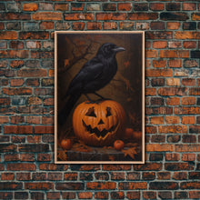 Load image into Gallery viewer, Crow Atop A Jack O Lantern, Framed Canvas Print, Halloween Decor, Raven Painting, Victorian Oil Painting Print, Macabre Horror Print