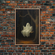 Load image into Gallery viewer, The Happy Playground Ghost, Funny Halloween, Vintage Halloween Canvas, Framed Canvas Print, Cute Wall Art, Ghost On A Swing, Macabre Art