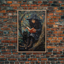 Load image into Gallery viewer, Cute Witch Reading Spells To Her Black Cat Familiar, Vintage Halloween Art, Framed Canvas Print, Halloween Canvas Art, Witchcraft