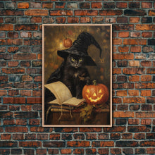 Cargar imagen en el visor de la galería, Cute Witch Cat Reading Her Book Of Spells, Vintage Halloween Art, Framed Canvas Print, Halloween Canvas Art, Witchcraft