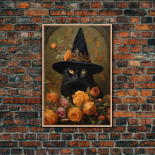 Carregar imagem no visualizador da galeria, Cute Witch's Familiar Cat Halloween Art, Cat Witch, Cat Painting, Cute Cat Print, Halloween Decor, Black Cat Print, Framed Canvas / Canvas