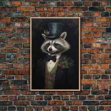 Load image into Gallery viewer, Distinguished Dapper Gentleman Raccoon, Funny Animal Prints, Humorous Art, Framed Canvas, Wall Art, Canvas Print, Funny Halloween Decor