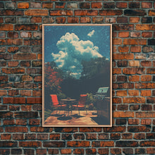 Load image into Gallery viewer, Back Yard Chillin', Summer Vibes, Framed Canvas Print, Retro Midcentury Modern BBQ Art, BBQ During An Eclipse, Liminal Art, Minimalist MCM