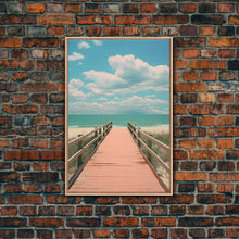 Load image into Gallery viewer, Beach Boardwalk, Vaporwave Summer Vibes, Framed Canvas Print, Retro Midcentury Modern Art, Liminal Art, Minimalist MCM Lakehouse Art