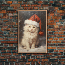 Cargar imagen en el visor de la galería, Christmas Cat In A Christmas Hat, Farmhouse Christmas, Farmhouse Decor, Framed Canvas Print, Seasonal Wall Art, Winter Decor, Christmas Art