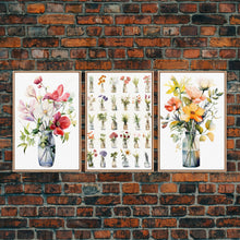 Carregar imagem no visualizador da galeria, 3 Piece Set, Cute Kawaii Floral Print, Flowers In Vases, Framed Wall Art, Canvas Print, Botanical Wall Decor, Dried Flower Large Triptych