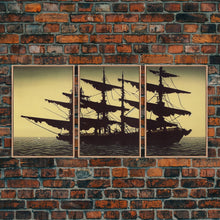 Load image into Gallery viewer, Haunted ghost pirate ship aloft in the sea, 3 piece canvas, 3 piece wall art, living room above sofa art