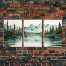 Carregar imagem no visualizador da galeria, 3 Panel Framed Canvas Print Wall Art Set of 3 Emerald Green Mountain Forest Lake Landscape Minimalist Modern Art Nature Wall Decor Pine Tree