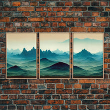 Load image into Gallery viewer, Emerald green rolling hills, fantasy mountains, 3 piece wall art, 3 piece canvas print, cool home wall decor