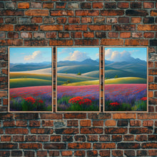 Cargar imagen en el visor de la galería, Colorful rolling hills, flower fields, landscape art, 3 piece wall art, 3 piece canvas, cool centerpiece living room wall art