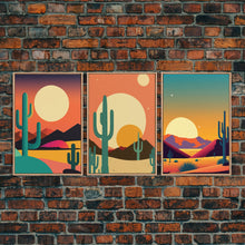 Load image into Gallery viewer, Desert Art, Desert Prints, Trendy Wall Prints, Framed Canvas Art, 3 Piece Wall Prints, Southwestern Decor, Primitive Cactus Art, Arizona Art
