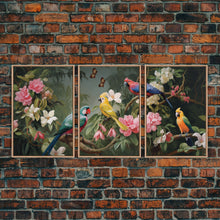 Cargar imagen en el visor de la galería, Flowers Wall Print, Tropical Wall Art, Macaw, Jungle Art Print, Canvas Print, Wall Art, 3 Piece Wall Art, Modern Office Art, Wedding Gift