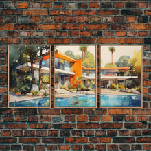 Load image into Gallery viewer, Architecture Print, Mid-century House Art,  Canvas Print, Wall Art, 3 Piece Wall Art, Real Estate Gift, Family Room Art, Entryway Prints