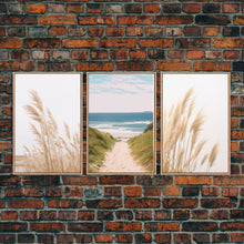Load image into Gallery viewer, Beautiful Set of 3 Pampas Grass Beach Ocean Shore Photography Prints Minimalist Modern Art Neutral Coastal Room Decor Framed Canvas Wall Art