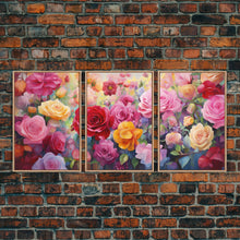 Load image into Gallery viewer, Beautiful Rose Art, Framed Canvas Print, Floral Art, Botanical Decor, Blue and Yellow Roses, 3 Piece Art Set