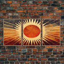 Carregar imagem no visualizador da galeria, Abstract Midcentury Modern Sunburst, Art Deco Style art, sun with rays, sun burst, boho style, 3 Piece Wall Art, Ready To Hang Canvas Print