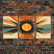 Carregar imagem no visualizador da galeria, Abstract Midcentury Modern Sunburst, Art Deco Style art, sun with rays, sun burst, boho style, 3 Piece Wall Art, Ready To Hang Canvas Print