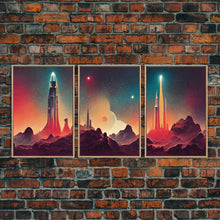 Load image into Gallery viewer, Art Deco Scifi Art, Science Fiction Space Ships, 3 Piece Wall Art, Ready To Hang Canvas Print, Cool Unique Mancave wall Art Decor