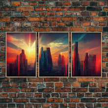 Load image into Gallery viewer, Cyberpunk City At Sunset, Futuristic, 3 Piece Wall Art, Ready To Hang Canvas Print, Cool Living Room Wall Art Decor