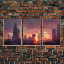 Load image into Gallery viewer, Cyberpunk City, Night City Watercolor, Videogame Concept Art, Watercolor Of a Cyberpunk City 3 Piece Wall Art, Ready To Hang Canvas Print