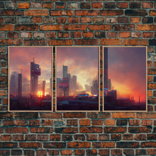 Load image into Gallery viewer, Cyberpunk City, Night City Watercolor, Videogame Concept Art, Watercolor Of a Cyberpunk City 3 Piece Wall Art, Ready To Hang Canvas Print