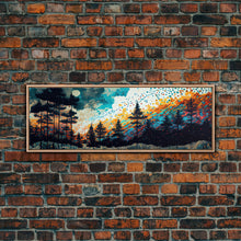 Cargar imagen en el visor de la galería, Extra large 24 x 72 wall art, framed canvas print, abstract pine tree forest painting, painting of a forest fire against a starry night sky