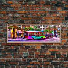 Load image into Gallery viewer, Colorful Vibrant Tram Wall Art, Palm Trees Art Print, Colored Pencil Sketch, Framed Canvas, Abstract Art, Panoramic, Wall Art, Canvas Print