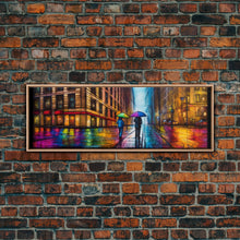 Cargar imagen en el visor de la galería, Colorful Umbrellas City Canvas Print, Large Urban Art Print, Two People Walking On Street, Vibrant Art, Panoramic, Wall Art, Canvas Print