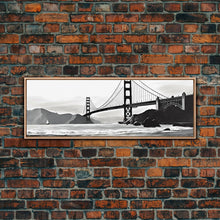 Load image into Gallery viewer, Black And White Suspension Bridge Canvas Print, Large Urban Art Print, Sailboat, River, Landscape, Panoramic, Wall Art, Canvas Print