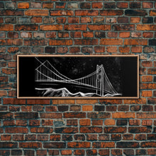 Load image into Gallery viewer, Black And White Suspension Bridge Canvas Print, Large Urban Art Print, Line Art, Chalk Wall Decor, Panoramic, Wall Art, Canvas Print