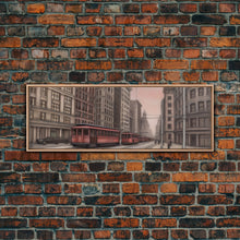 Cargar imagen en el visor de la galería, Colored Pencil Streetcar Urban Art Print, Red Train, Tram In The City, Sketch Art, City Art, Urban Print, Panoramic, Wall Art, Canvas Print