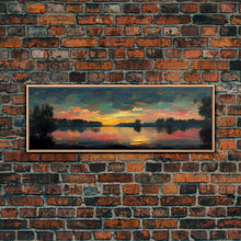 Cargar imagen en el visor de la galería, Cool Sunset Over The Lake, Ready To Hang Canvas Print, Panoramic Art, Lakehouse Wall Decor, Lake House Art, Beach House Art