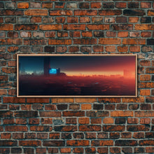 Load image into Gallery viewer, Cyberpunk Cityscape, Ready To Hang Canvas Print, Panoramic, Cyberpunk Concept Art, Cityscape at Sunset, Cool mancave art, gift for him