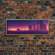 Load image into Gallery viewer, Cyberpunk Cityscape, Ready To Hang Canvas Print, Panoramic, Cyberpunk Concept Art, Cityscape at Sunset, Cool mancave art, Purplewave
