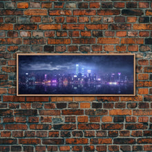 Load image into Gallery viewer, Cyberpunk Hong Kong City Skyline, Framed Canvas Print, Cyberpunk Style Wall Art, Synthwave Decor, Videogame Concept Art