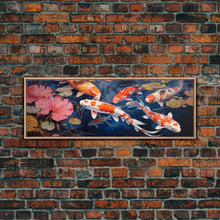 Load image into Gallery viewer, The Koi Pond Framed Canvas Print, Koi Fish Decor, Koi Fish Garden Wall Art, Koi Fish and Lilly Pads