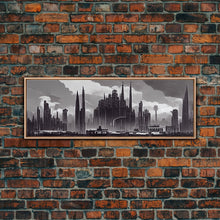 Load image into Gallery viewer, Dystopian Art Deco Style Architecture, Extra Large Wall Art, Framed Panoramic Canvas Print, Framed Wall Decor