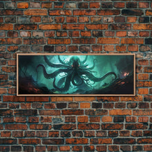 Load image into Gallery viewer, Rise Of Cthulhu Framed Canvas Print, Panoramic Call of Cthulhu H.P. Lovecraft Cosmic Horror Steampunk Gothic Darrk Art Wall Decor