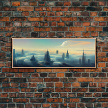 Load image into Gallery viewer, Cyberpunk City Above The Clouds, Futuristic Metropolis, Extra Large Wall Art, Framed Panoramic Canvas Print, Framed Wall Decor