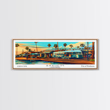 Load image into Gallery viewer, Anaheim California Panoramic Wall Art Framed Canvas Print, Mid Century Modern Art, Pop Art Style, Travel Poster, Home Decor, Retro Style