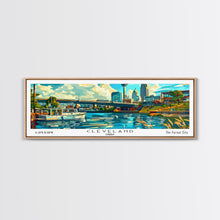 Cargar imagen en el visor de la galería, Cleveland Ohio Panoramic Wall Art Framed Canvas Print, Mid Century Modern Art, Pop Art Style, Travel Poster, Home Decor, Retro Style
