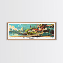 Load image into Gallery viewer, Baton Rouge Louisiana Panoramic Wall Art, Retro Pop Art Framed Canvas Print, Mid Century Modern Travel Poster, Living Room Decor, Office Art