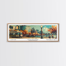 Load image into Gallery viewer, Boston Massachusetts Panoramic Wall Art, Mid Century Modern Framed Canvas Print, Retro Pop Art Travel Poster, Office Art, Living Room Decor