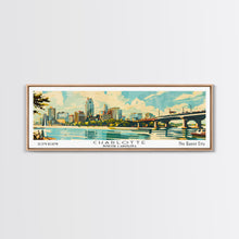 Cargar imagen en el visor de la galería, Charlotte North Carolina Panoramic Painting, Mid Century Modern Framed Canvas Print, Retro Pop Art Travel Poster, Wall Art, Home Decor, Office Art