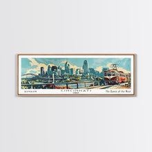 Load image into Gallery viewer, Cincinnati Ohio Panoramic Wall Art, Retro Pop Art Framed Canvas Print, Mid Century Modern Travel Poster, Living Room Decor, Wall Hanging, Office Art