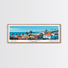 Carregar imagem no visualizador da galeria, Carlsbad California Panoramic Painting, Mid Century Modern Framed Canvas Print, Retro Pop Art Travel Poster, Living Room Wall Art, City Print