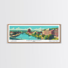 Load image into Gallery viewer, Davenport Iowa Panoramic Wall Art, Mid Century Modern Framed Canvas Print, Retro Pop Art Travel Poster, City Art Gift, Home Decor